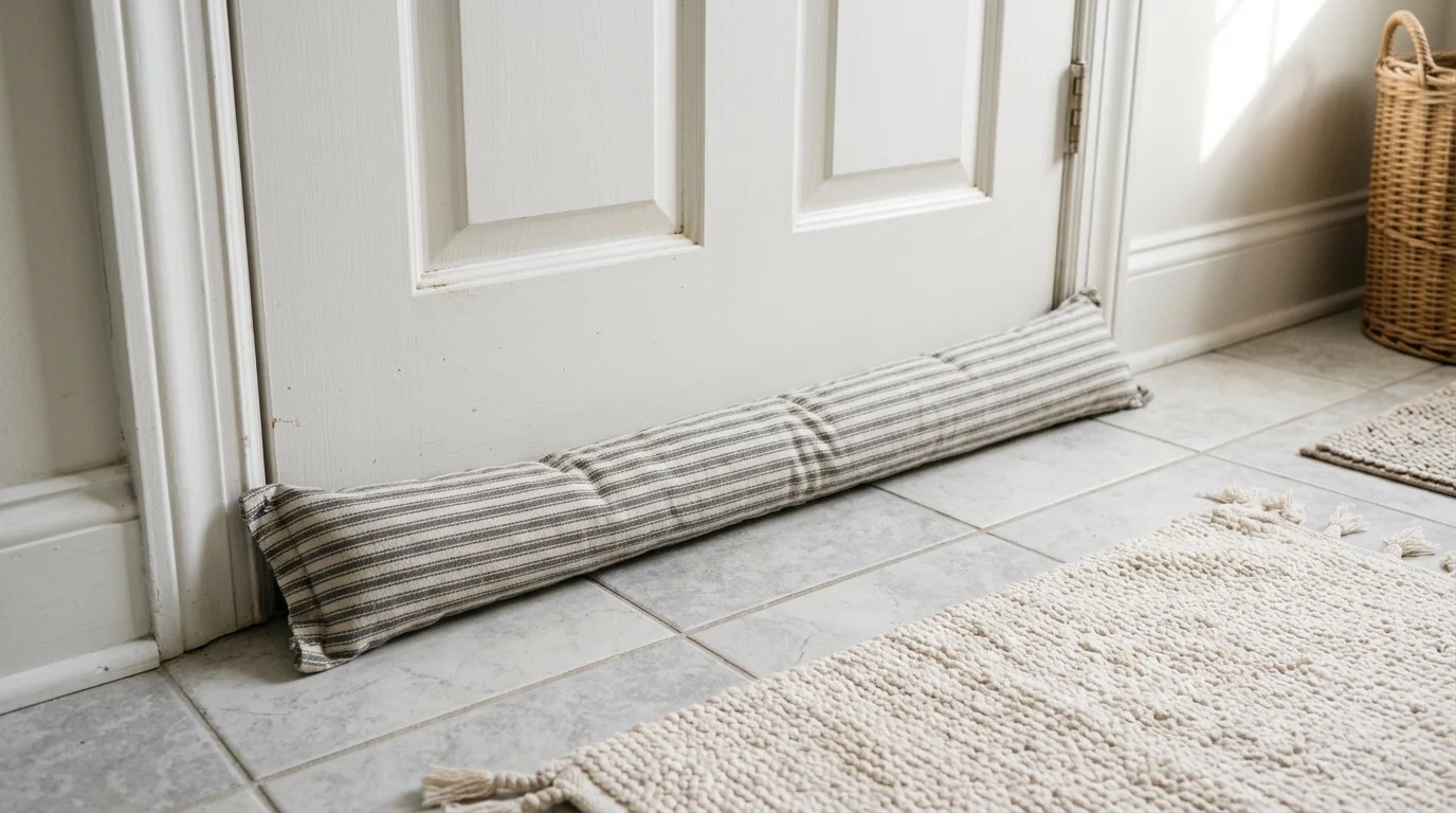 Striped grey fabric draft stopper lying along the bottom of a white bathroom door on a tiled floor