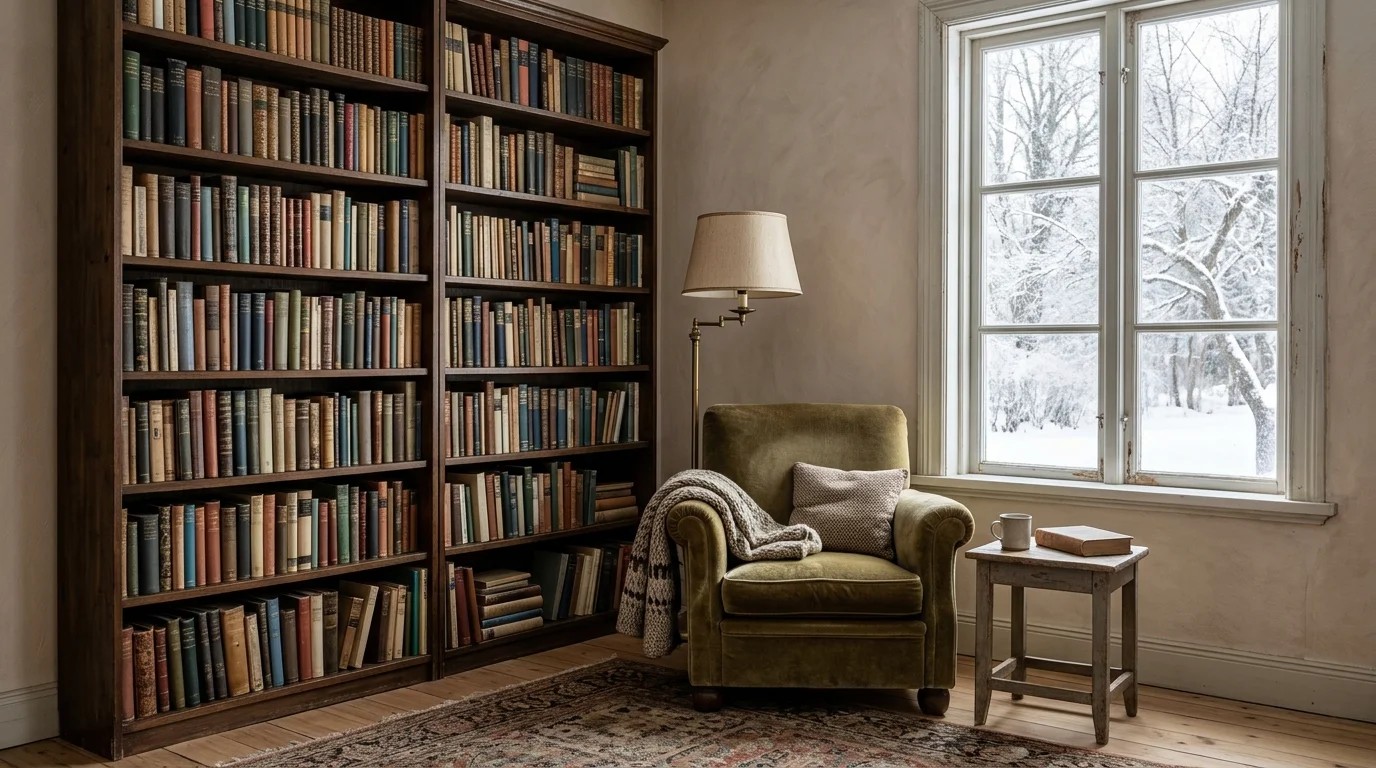 Tall wooden bookcase full of books against an outside wall beside a reading chair and floor lamp