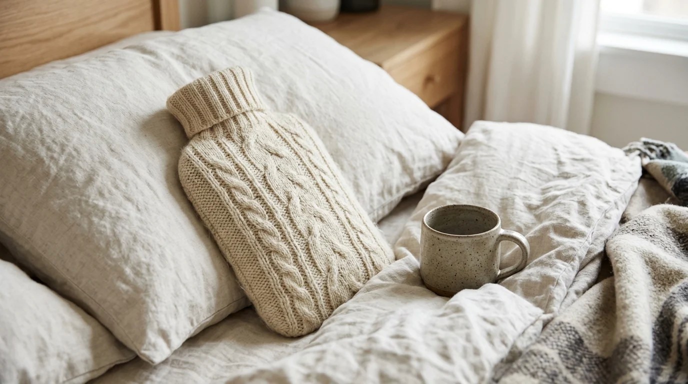 Rubber hot water bottle in a cover made from a cream cable knit sweater resting on a linen pillow beside a mug