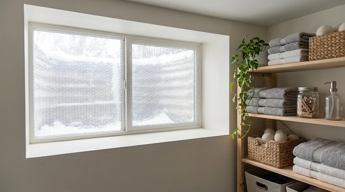 Clear bubble wrap pressed onto a basement laundry room window with towels on a wooden shelf beside it