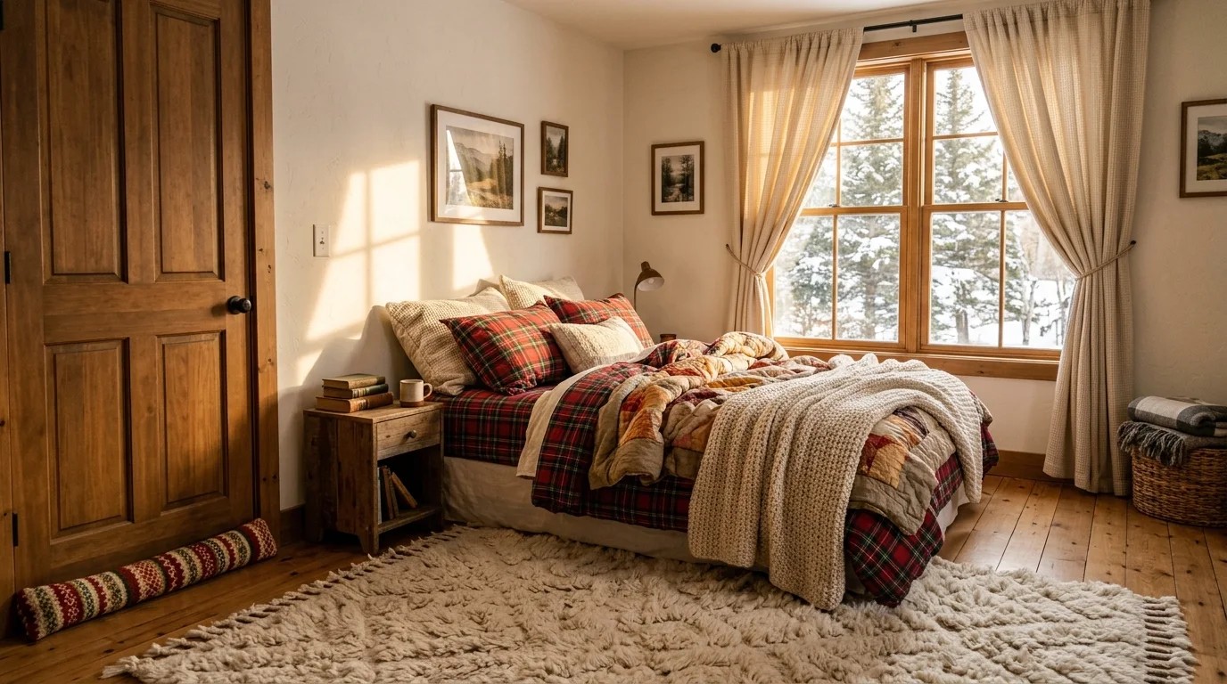 Cold House Fixes in a sunny winter bedroom with layered plaid flannel bedding, a thick rug, thermal curtains and a knitted draft stopper at the door