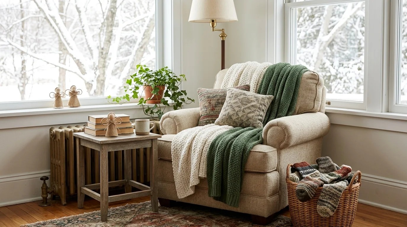 Cold House Fixes: cozy armchair piled with knit throws and cushions beside a side table, floor lamp and a basket of wool socks