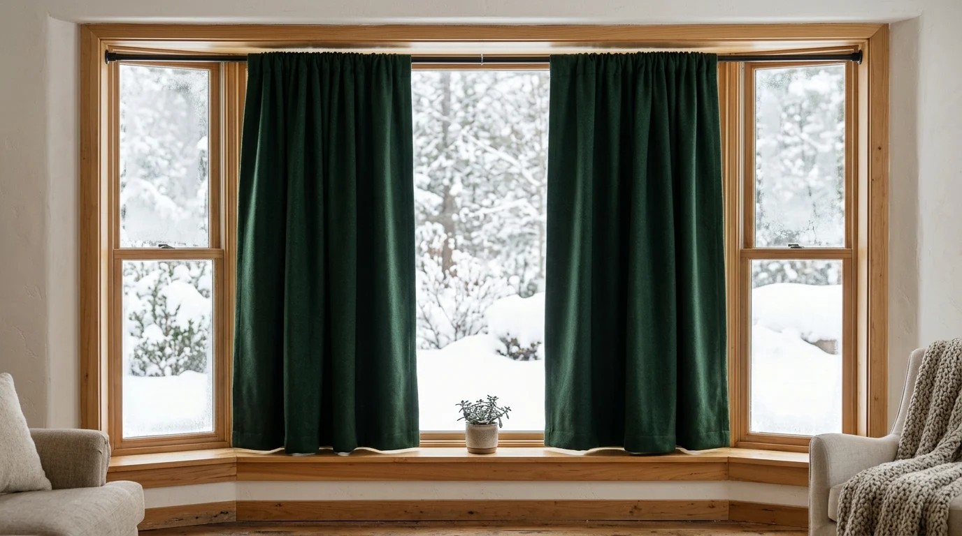 Cold House Fixes: heavy green thermal curtains hung on a tension rod inside a window with snow outside