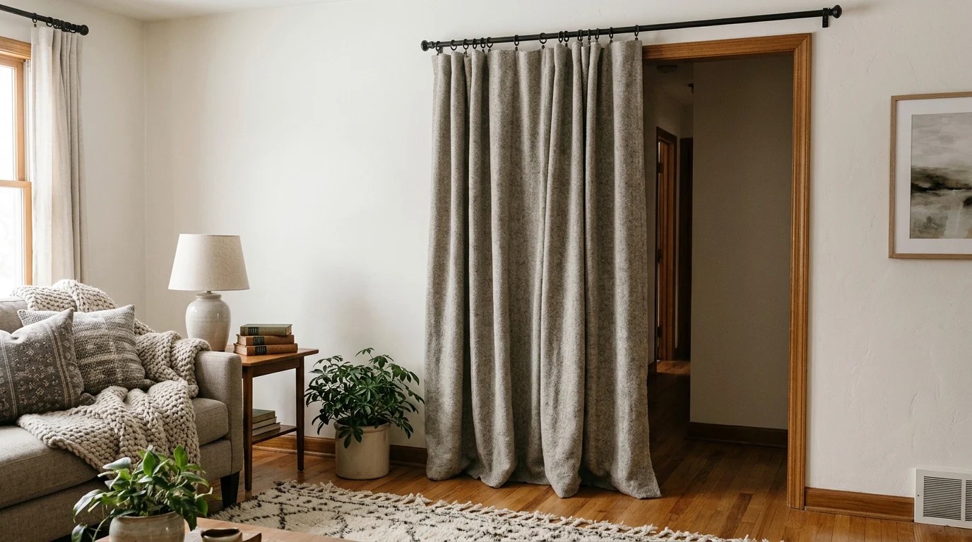 Cold House Fixes: a heavy wool curtain hung on a rod across an open doorway between a living room and hallway