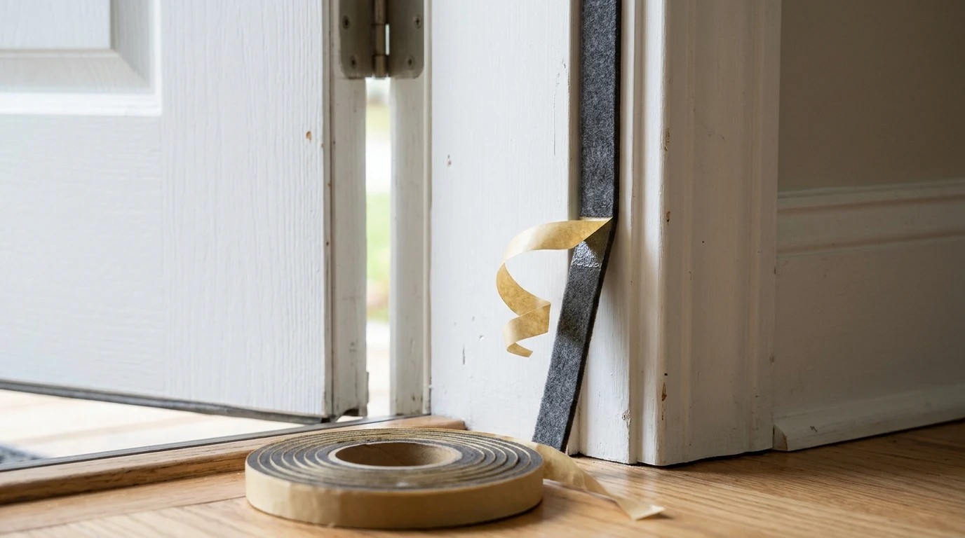 Cold House Fixes: self adhesive foam weatherstrip applied along the frame of a white front door with a roll on the floor
