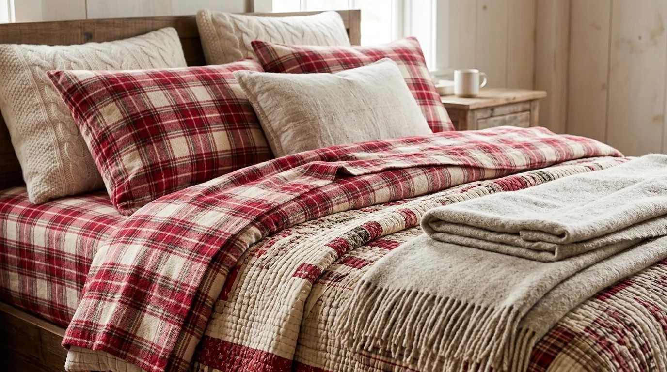 Bed made with red and cream plaid flannel sheets, cable knit pillows, a quilt and folded wool blankets