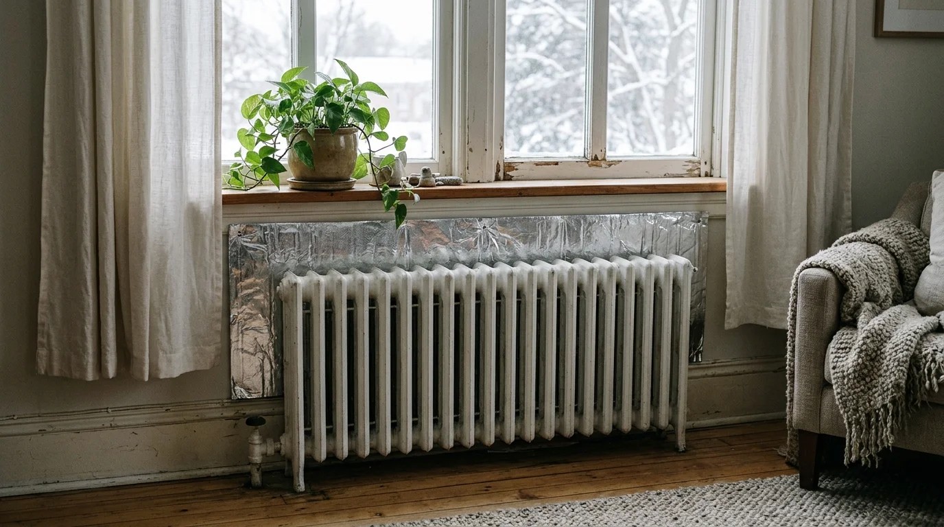 Shiny reflective foil panel fixed to the wall behind a white cast iron radiator under a window