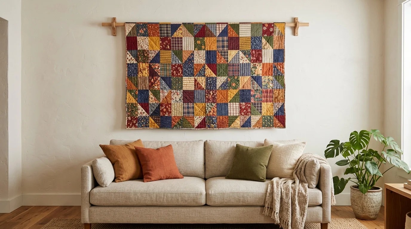 Colorful patchwork quilt hung on a living room wall from a wooden rod above a sofa with pillows