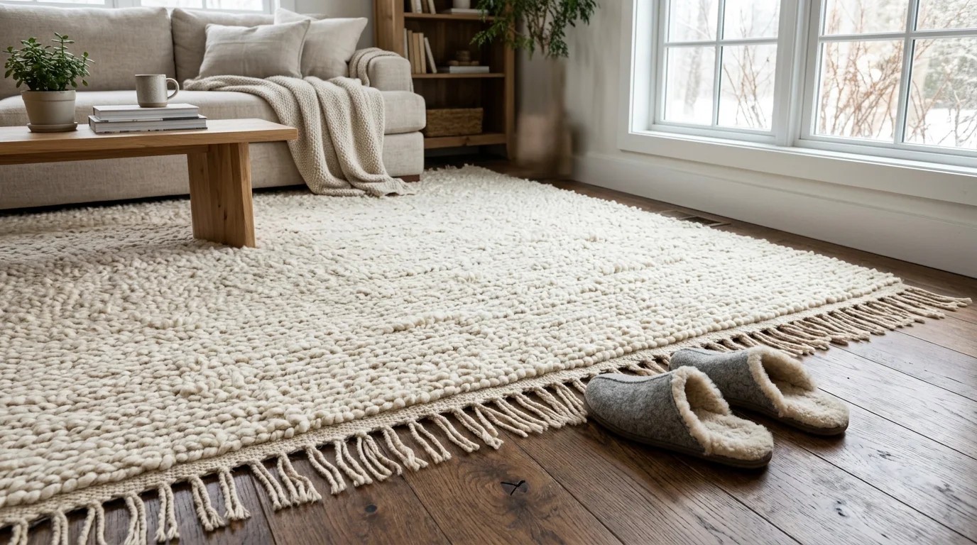 Thick cream wool area rug covering a hardwood living room floor with sheepskin slippers beside it