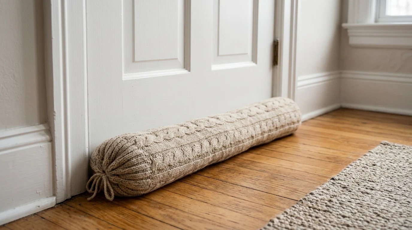 Homemade draft stopper made from a cable knit sweater sleeve lying against the bottom of a white door