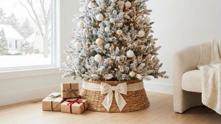 Christmas tree collar ideas woven rattan collar with cream velvet bow under a flocked tree