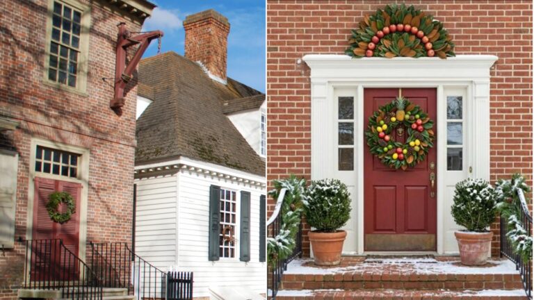 Colonial Williamsburg Christmas: a historic Williamsburg doorway next to an apple and magnolia wreath