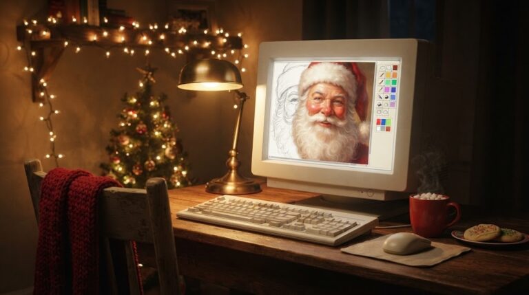 Computer Paint Santa portrait glowing on a vintage computer monitor on a cozy Christmas desk