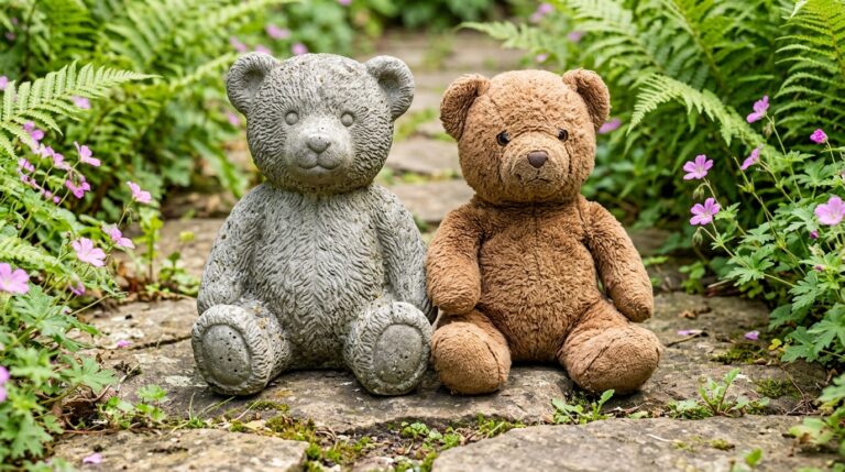 Concrete Teddy Bear sculpture beside the soft brown plush bear it was made from on a garden path