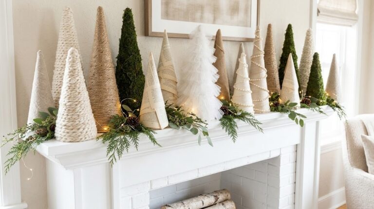 Cone Christmas trees of many heights and textures lined up on a white mantel