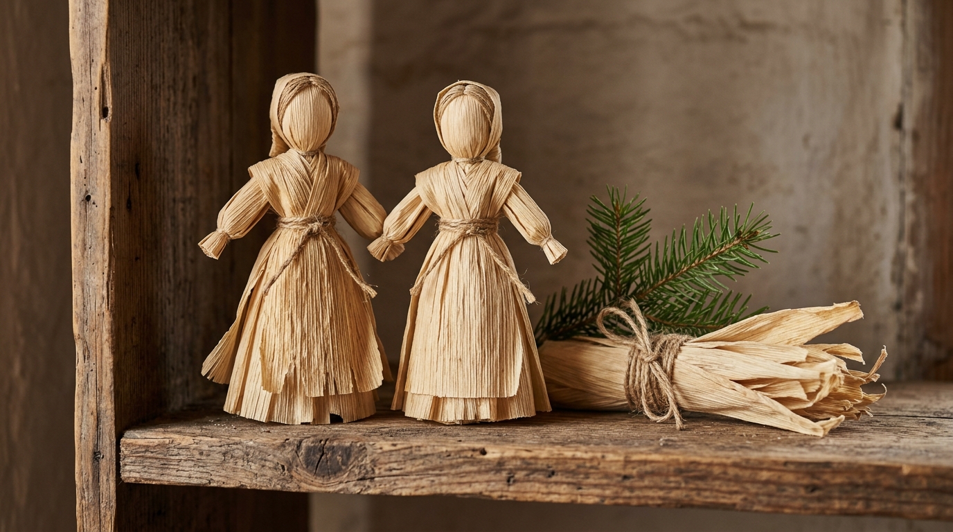 Two handmade corn husk dolls on a rustic wooden shelf