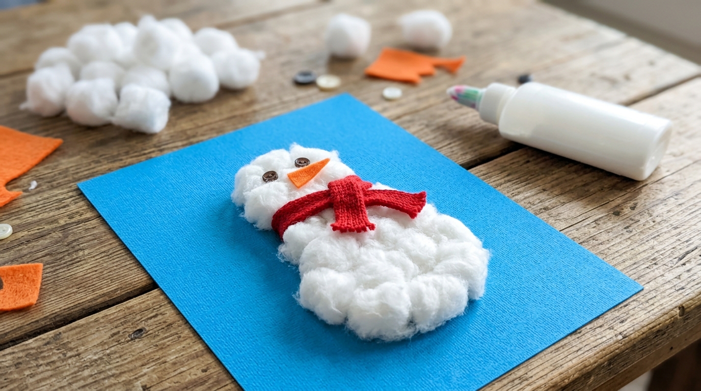 Snowman made of cotton balls with a felt scarf on blue cardstock