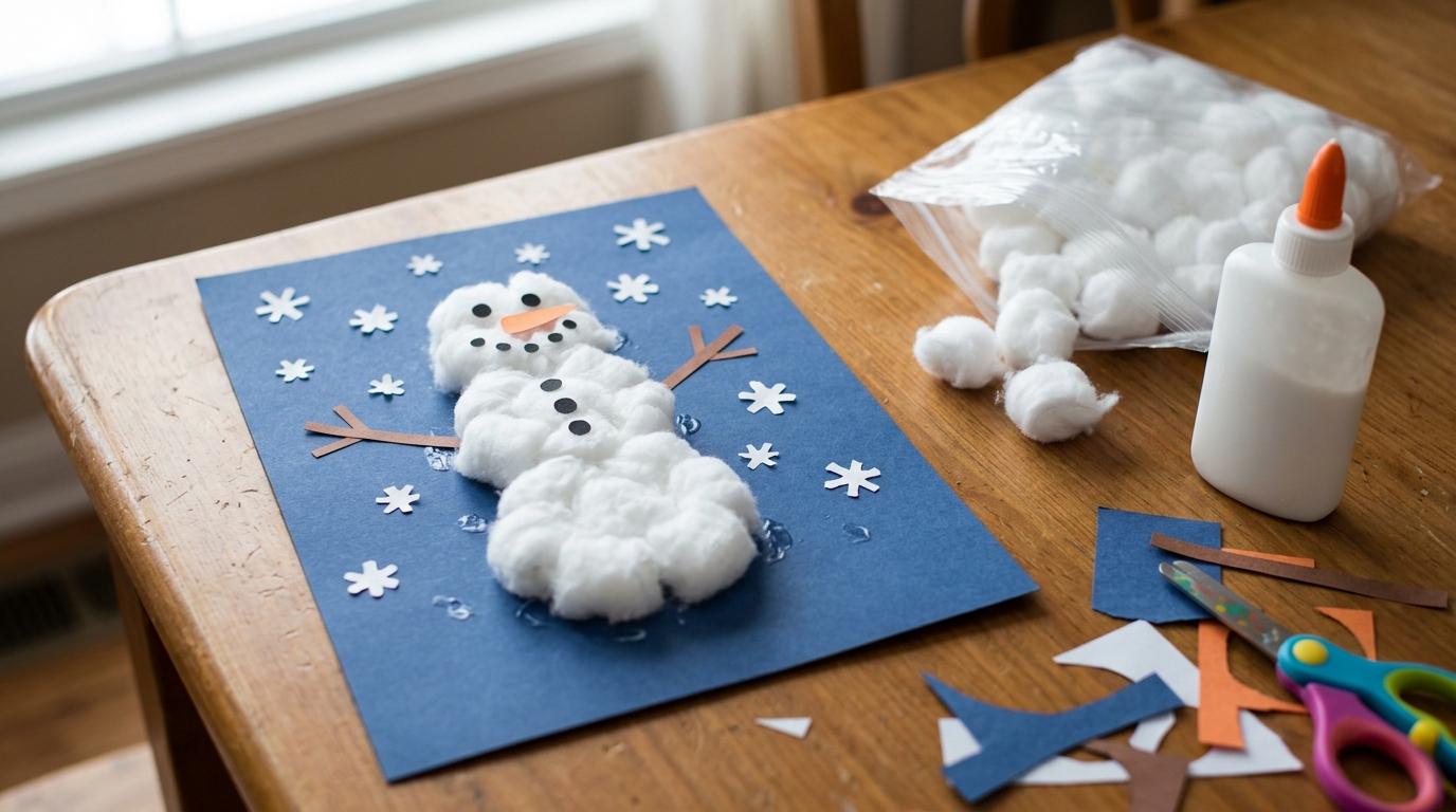 Fluffy snowman made of cotton balls on dark blue paper with paper snowflakes