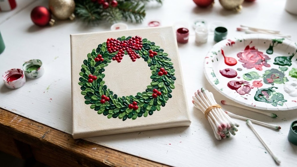 Cotton swab painting of a dotted Christmas wreath with red berries