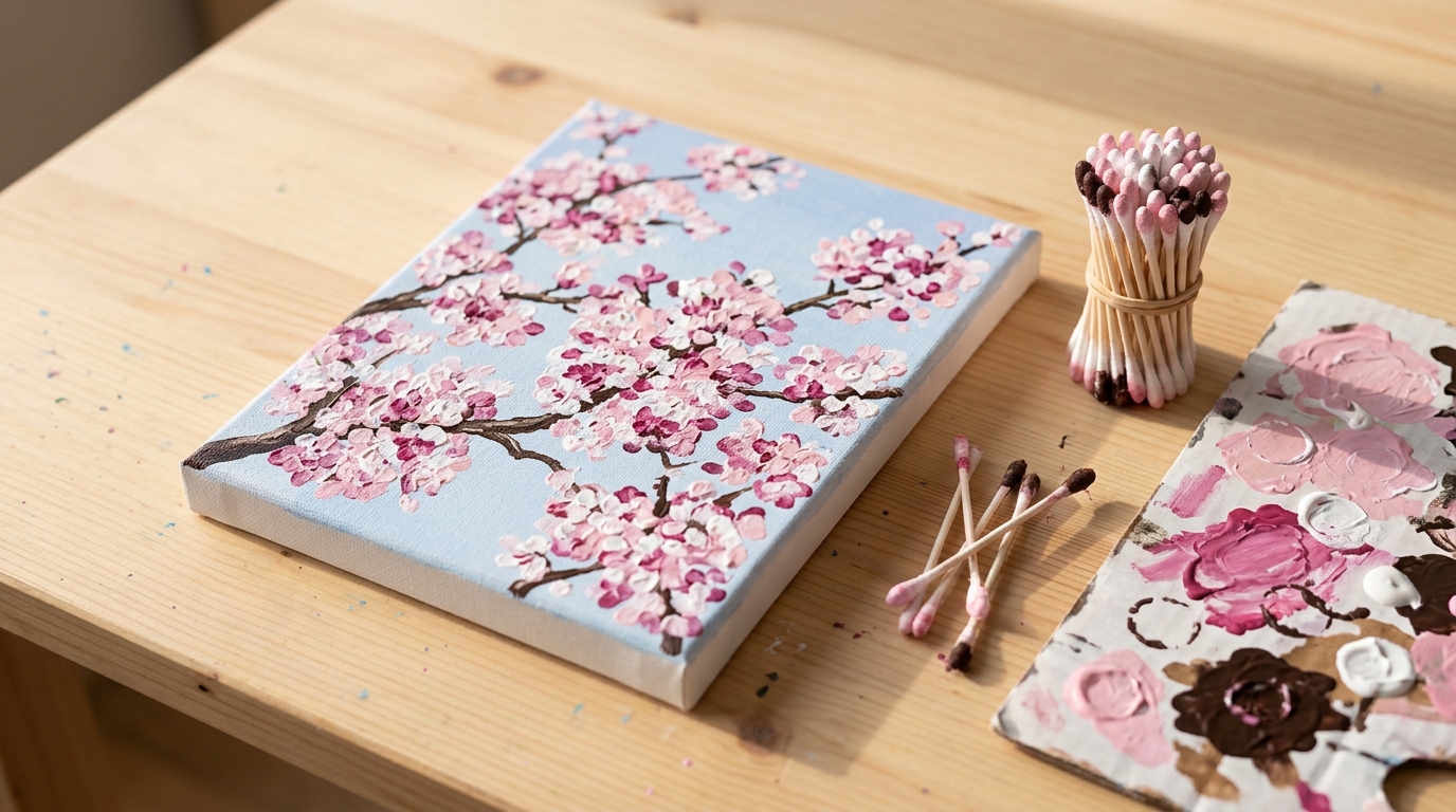 Easy canvas paintings: cotton swab cherry blossoms on a pale blue canvas