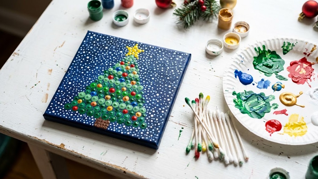 Cotton swab painting of a dotted Christmas tree on canvas