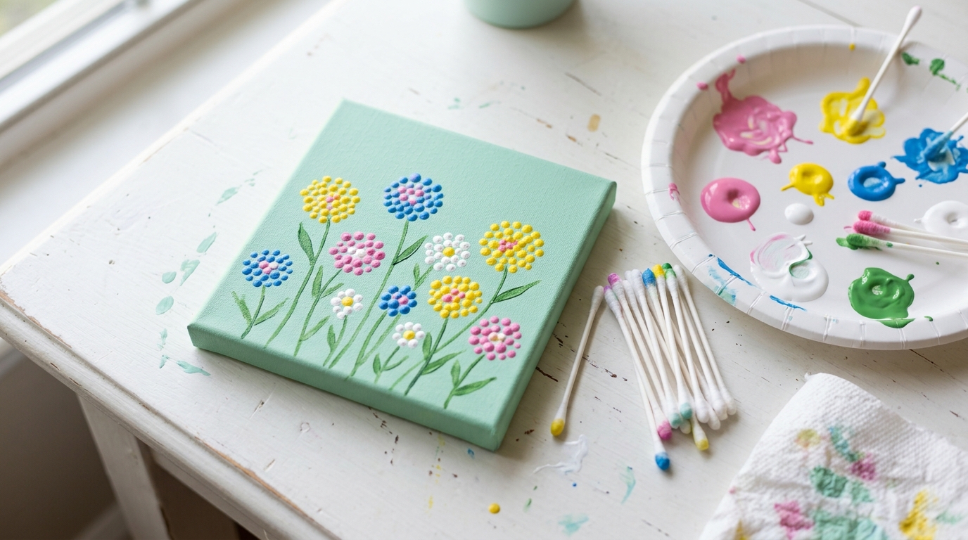 Easy canvas paintings: cotton swab dot flowers on a mint canvas