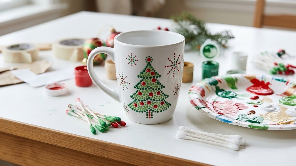 White mug decorated with dotted Christmas tree design