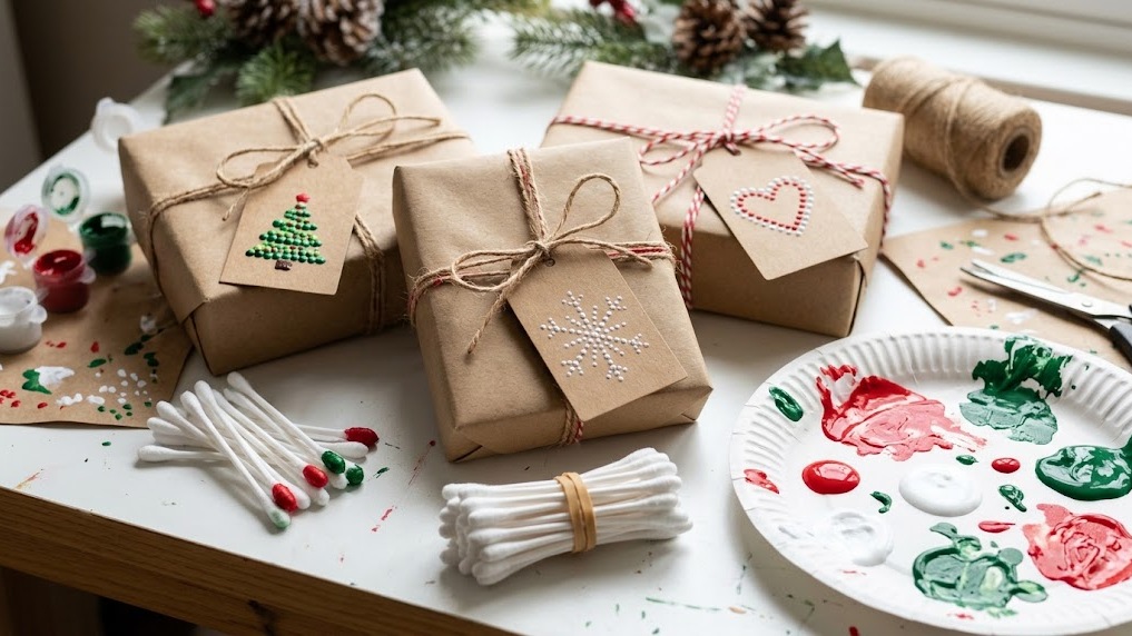 Kraft gift tags decorated with dotted snowflakes and trees