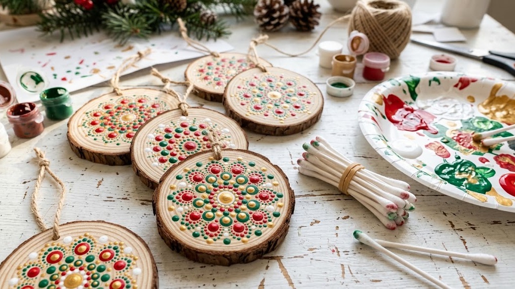 Cotton swab painting dot mandala ornaments on wood slices