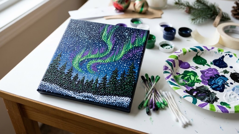 Northern lights over pines painted with cotton swabs