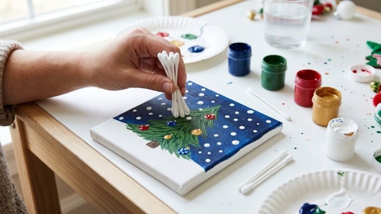 Cotton swab painting: hand dotting snow onto a small canvas with a dotted pine tree