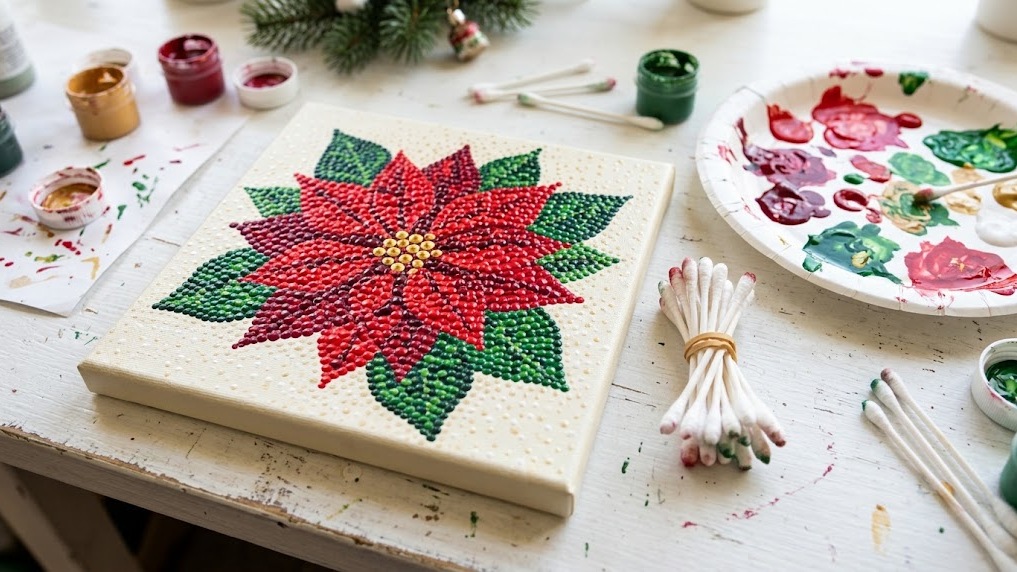 Cotton swab painting of a red poinsettia made with bundled swabs