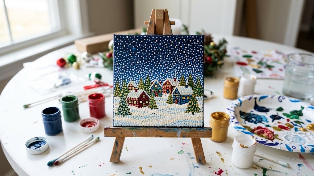 Snowy night village painted with dots