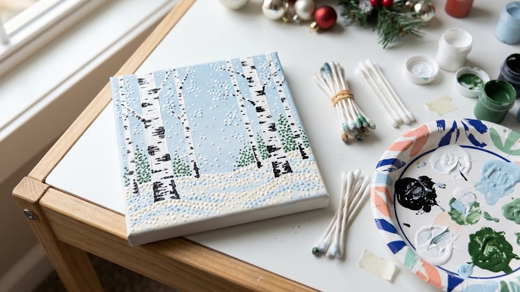 Snowy birch trees painted with tape and dots