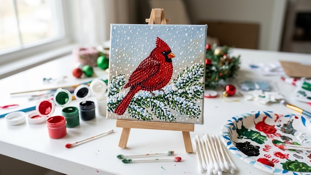 Cotton swab painting of a winter cardinal on a snowy branch