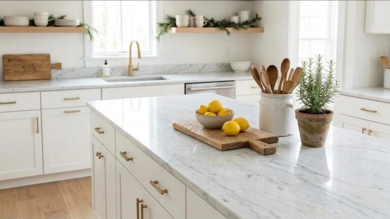 Countertop Makeover Ideas faux marble painted counter with soft gray veins in a white kitchen
