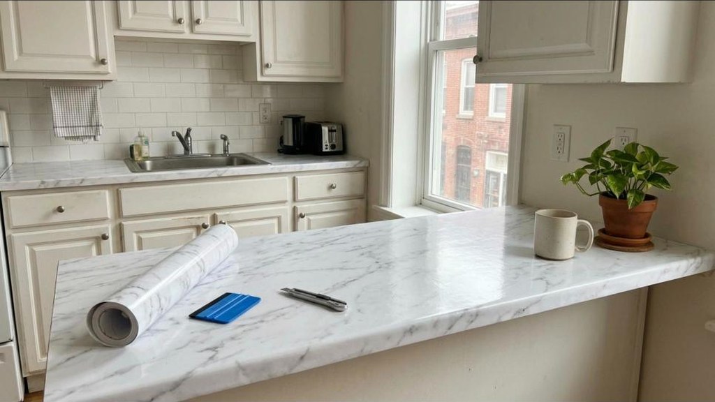 Countertop Makeover Ideas renter kitchen with peel and stick white marble film on the counter