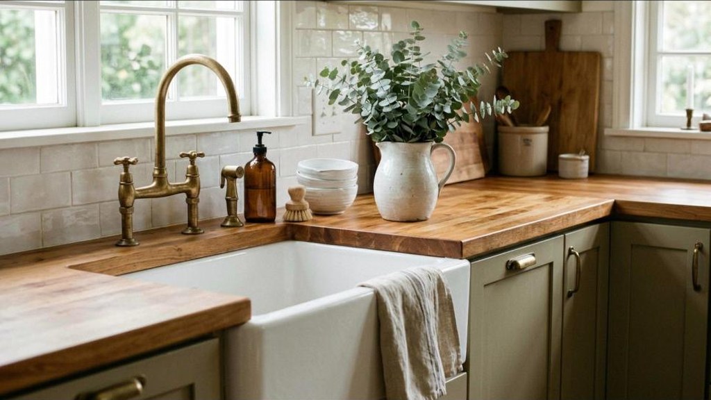 Warm wood butcher block counter laid over an old counter in a farmhouse kitchen