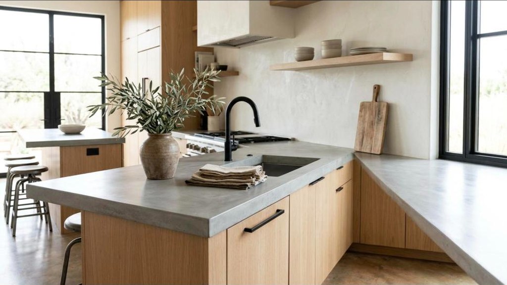 Smooth gray concrete look skim coated counter in a modern kitchen