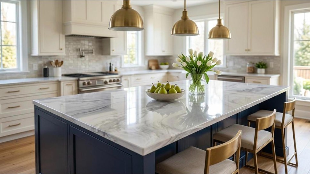 Countertop Makeover Ideas glossy pearl and gray metallic epoxy counter in a modern kitchen