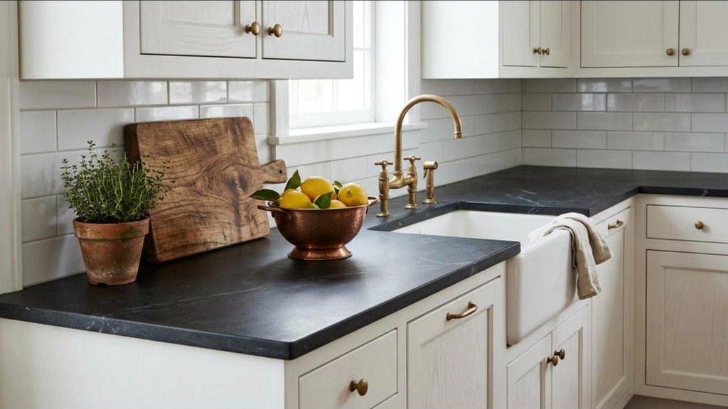 Matte charcoal painted counter that looks like soapstone in a classic white kitchen