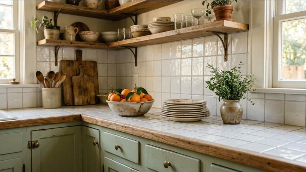 Small square white tiles laid over an old laminate counter in a retro style kitchen