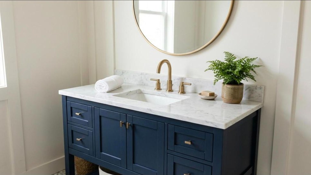 Small bathroom vanity counter refreshed with a white marble look finish
