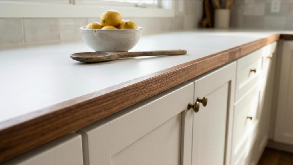 Countertop Makeover Ideas wood trim edge on an old laminate counter in a kitchen