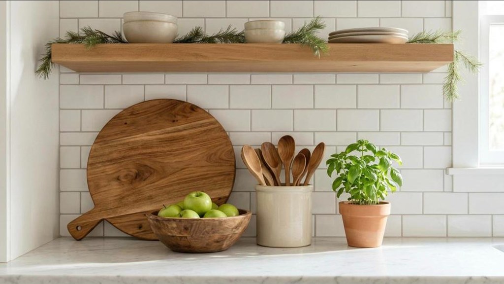 Countertop Makeover Ideas styled counter with a wood board, lemons, a utensil crock and rosemary