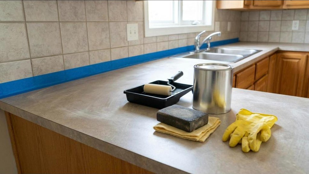 Countertop Makeover Ideas prep supplies of sandpaper, tape and a roller on a counter being refinished