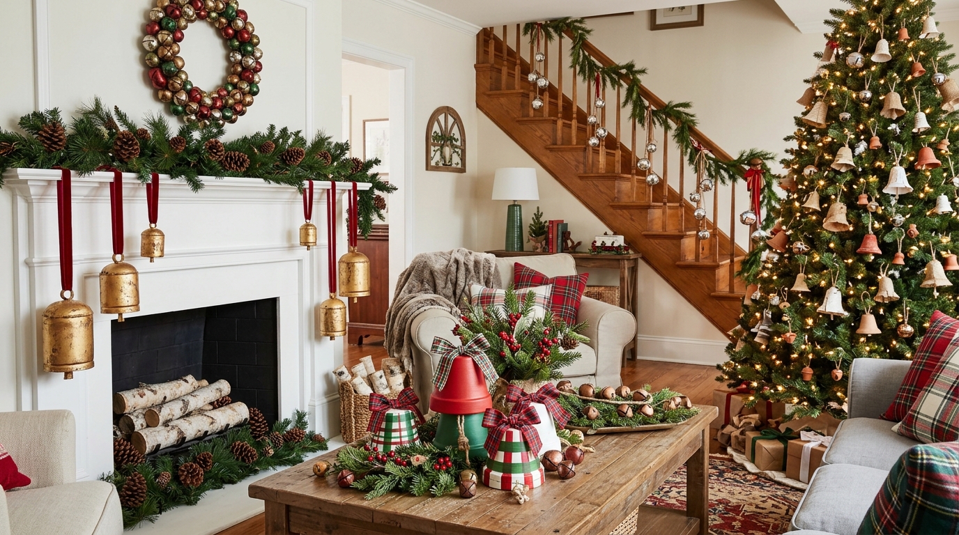 DIY Christmas bells: gold bells on velvet ribbons, pot bells and a bell-filled tree in a cozy living room