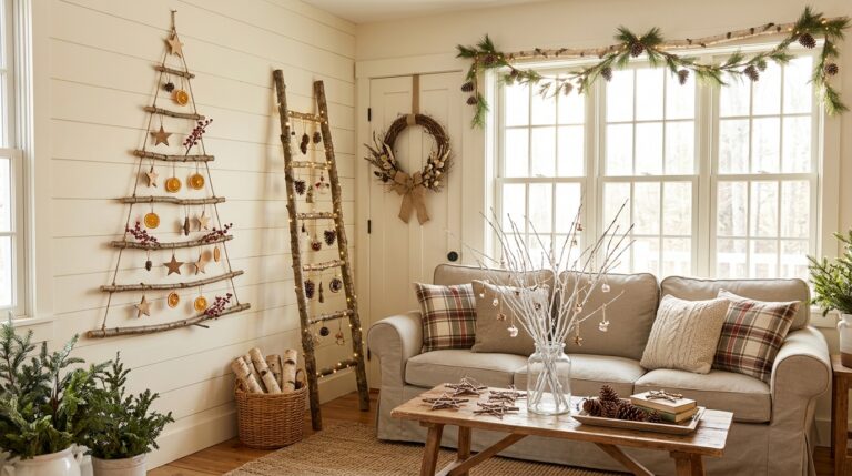 Branch Christmas decor: twig wall tree, branch ladder and birch garland in a bright farmhouse room
