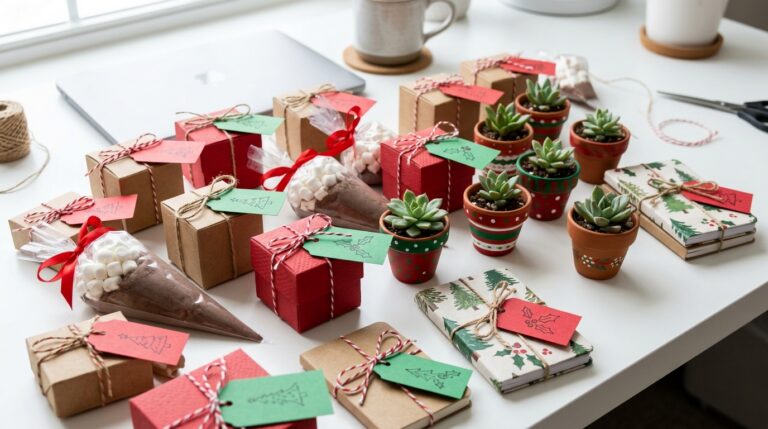 Christmas Gifts for Coworkers including mini boxes, cocoa cones, painted pots and wrapped notebooks on an office desk