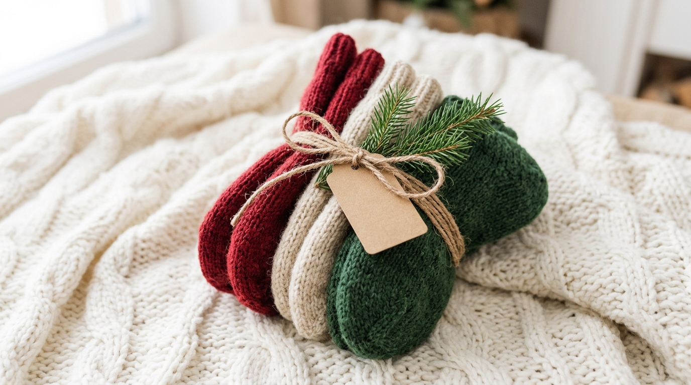 DIY stocking stuffers sock bundle tied with twine and a kraft paper gift tag